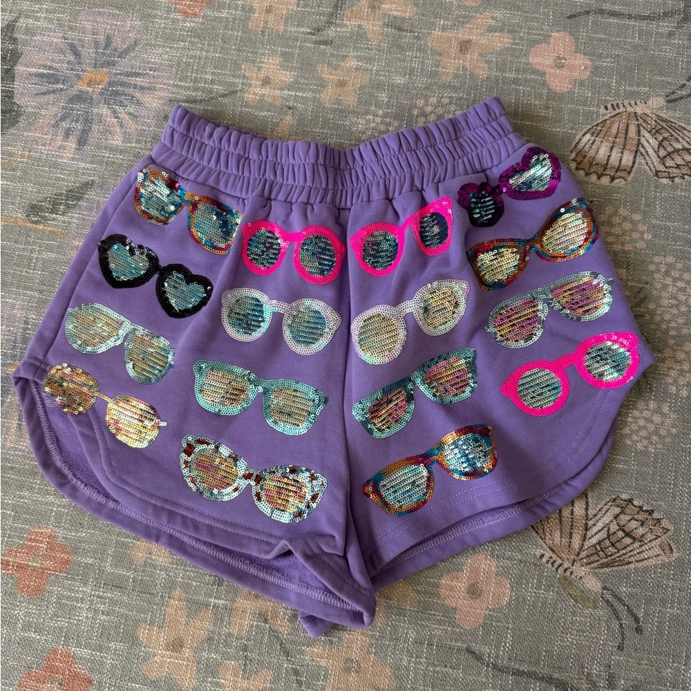 QUEEN OF SPARKLES Purple Shorts with Sequin Sunglasses